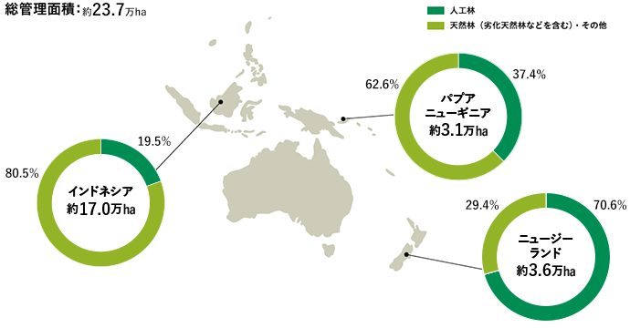 海外森林事業地の分布・面積（2023年12月末）